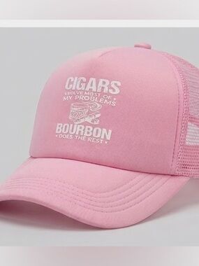 Pink Trucker Hat Cigars & Bourbon Graphic Snapback Cap NWT